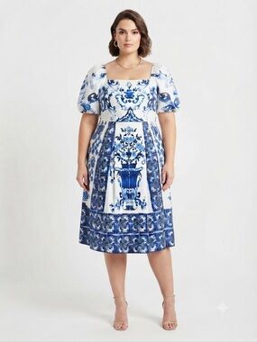 One & One Blue White Tile Print Puff Sleeve Dress Women's 4XL Mediterranean Chic